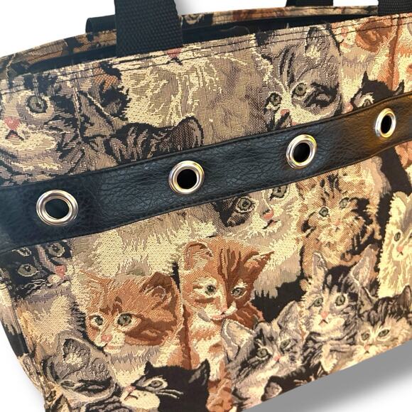 Vintage Cat Tapestry Tote Bag Kittens Shoulder Bag Grommet Detail Large New - Picture 2 of 13